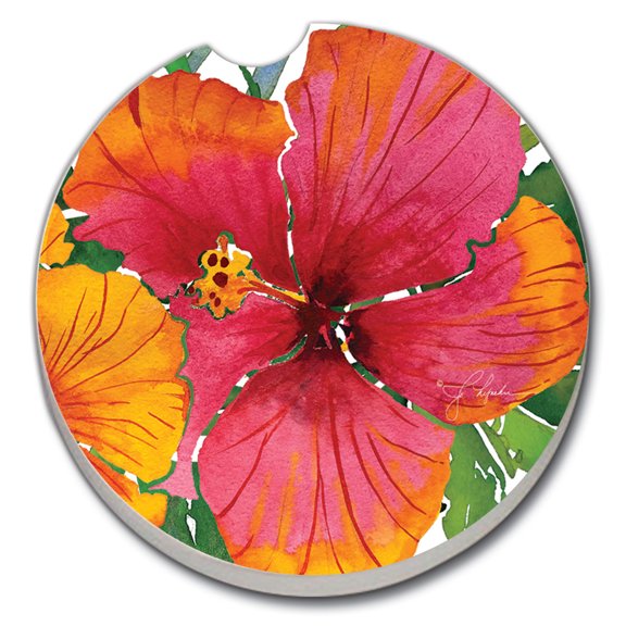 Absorbent Stoneware Car Coaster, Tropical Paradise, Set of 2