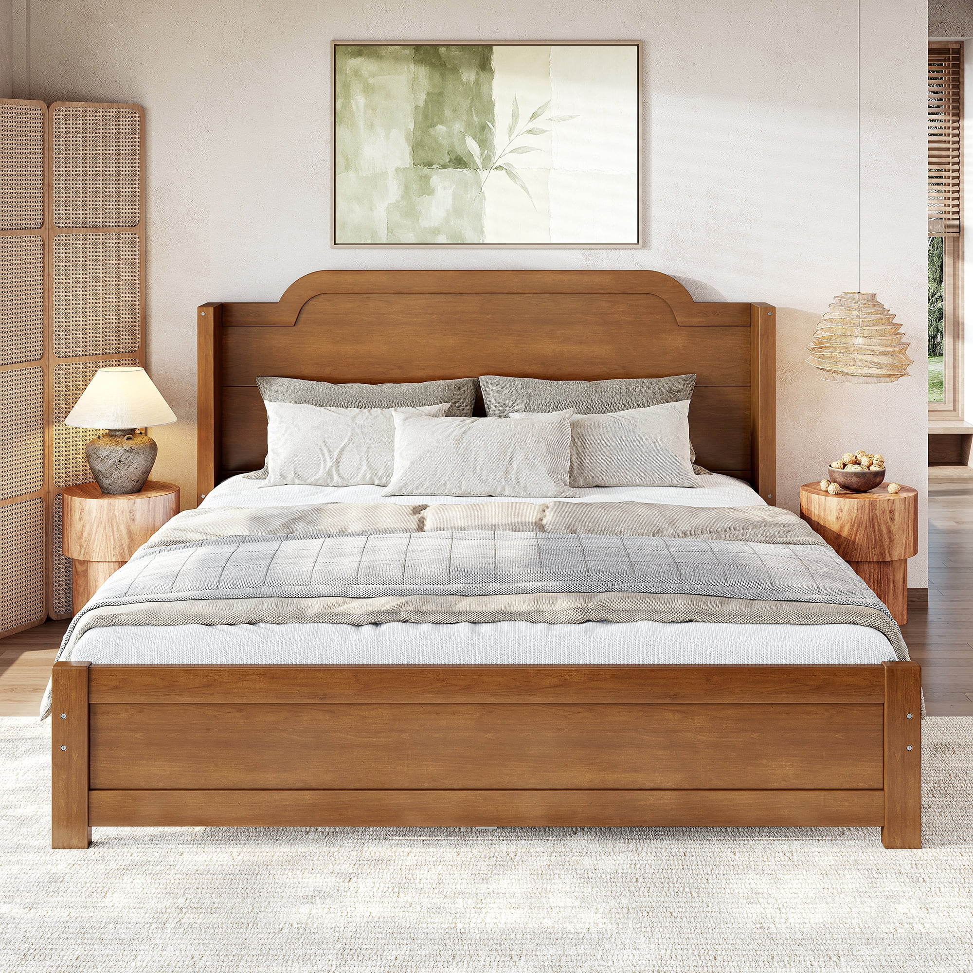 GARITIN Queen Solid Wood Platform Bed with Headboard, Brown Finish & Minimalist Design, Easy Assembly, No Box Spring Needed Traditional Wood Bed Frame, Brown