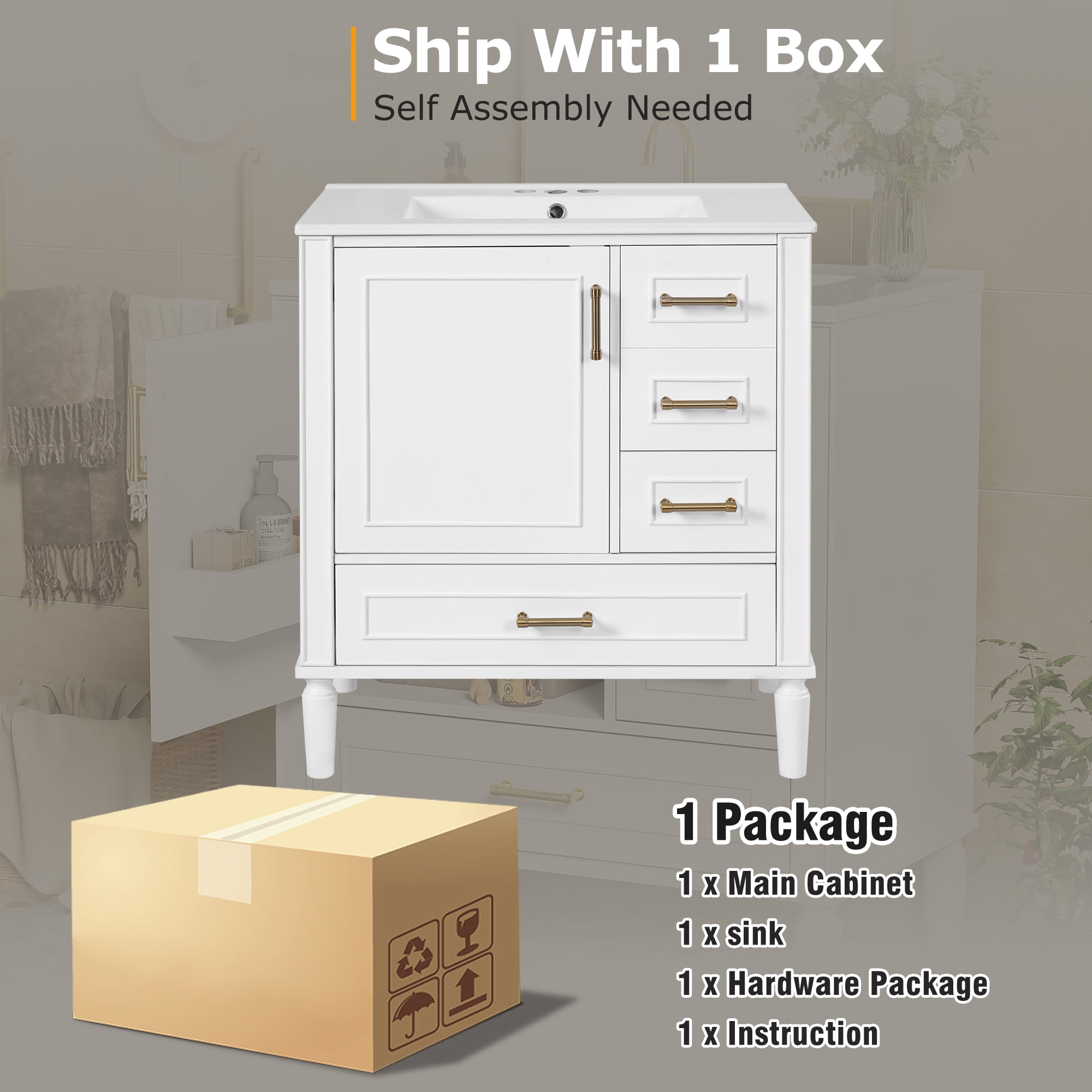 30" Bathroom Vanity with Ceramic Sink, Soft-Close Door with Built-in Shelf, Deep Drawer, Standard Drawer, Long Divider Drawer, Ample Storage Cabinet for Bathroom