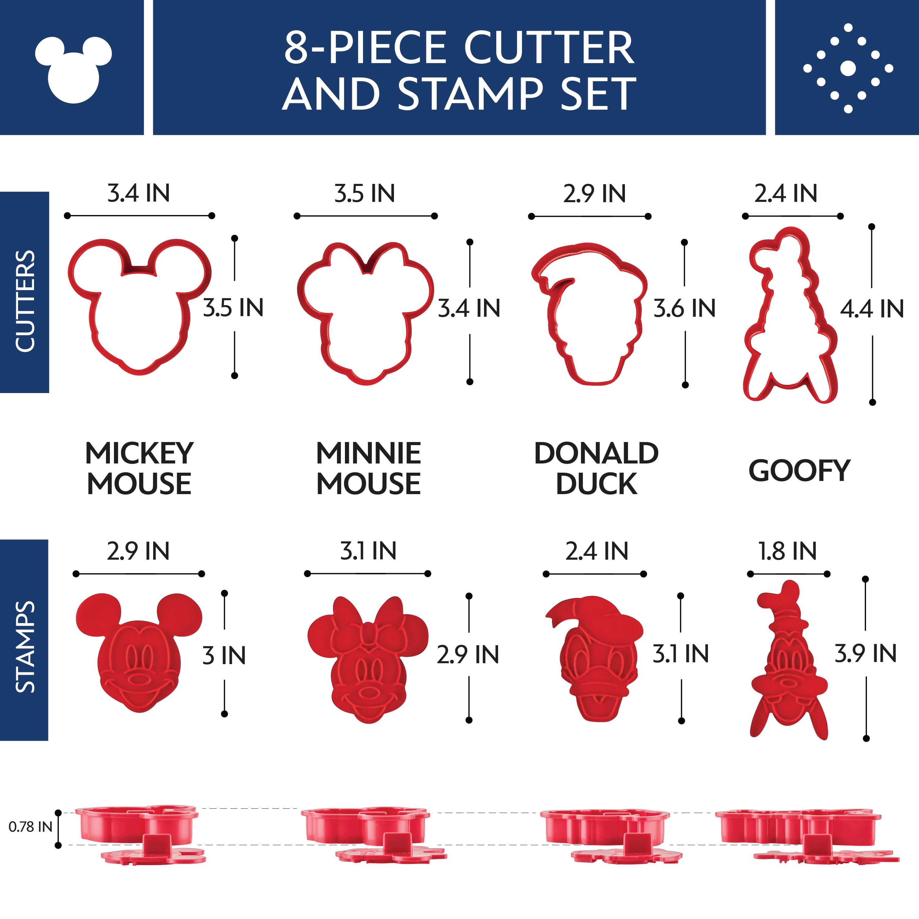 Disney Home Bake with Mickey Mouse 8 Pcs Cookie Cutter and Stamp Set, Dishwasher Safe, Red