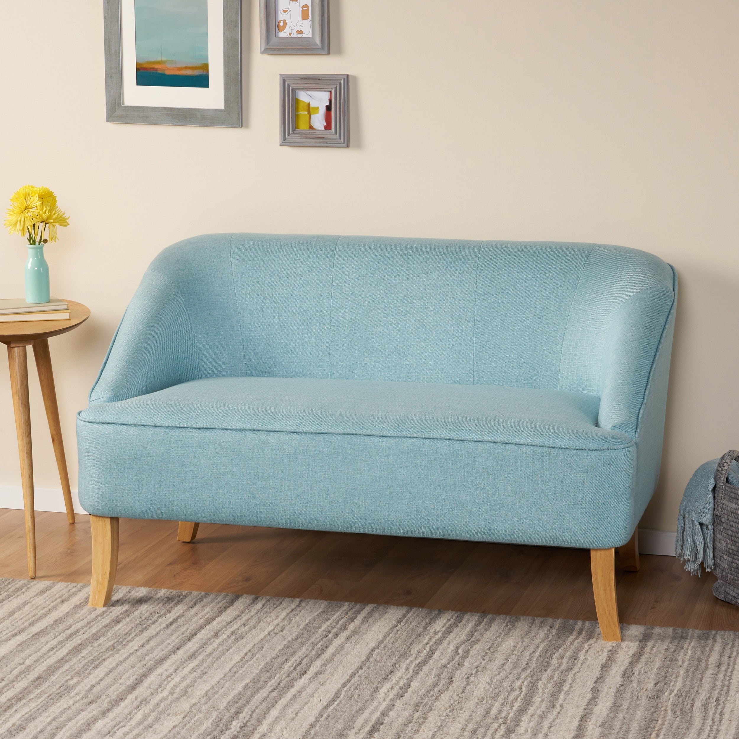 Noble House Justin Mid Century Modern Fabric Loveseat,Light Blue