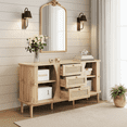 thumbnail image 2 of Homy Casa Modern Sideboard Buffet Cabinet with Rattan Drawers, Sliding Doors, Adjustable Shelves, and Rounded Top – Wood Tone, 2 of 7