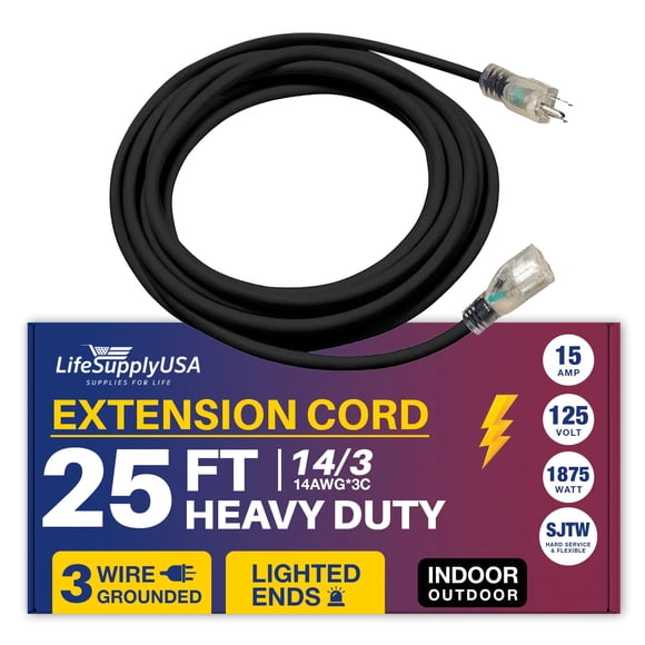 25ft Power Outdoor Extension Cord & Indoor - Waterproof Electric Drop Cord Cable - 3 Prong SJTW, 14 Gauge, 15 AMP, 125 Volts, 1875 Watts, 14/3 by LifeSupplyUSA - Black (1 Pack)