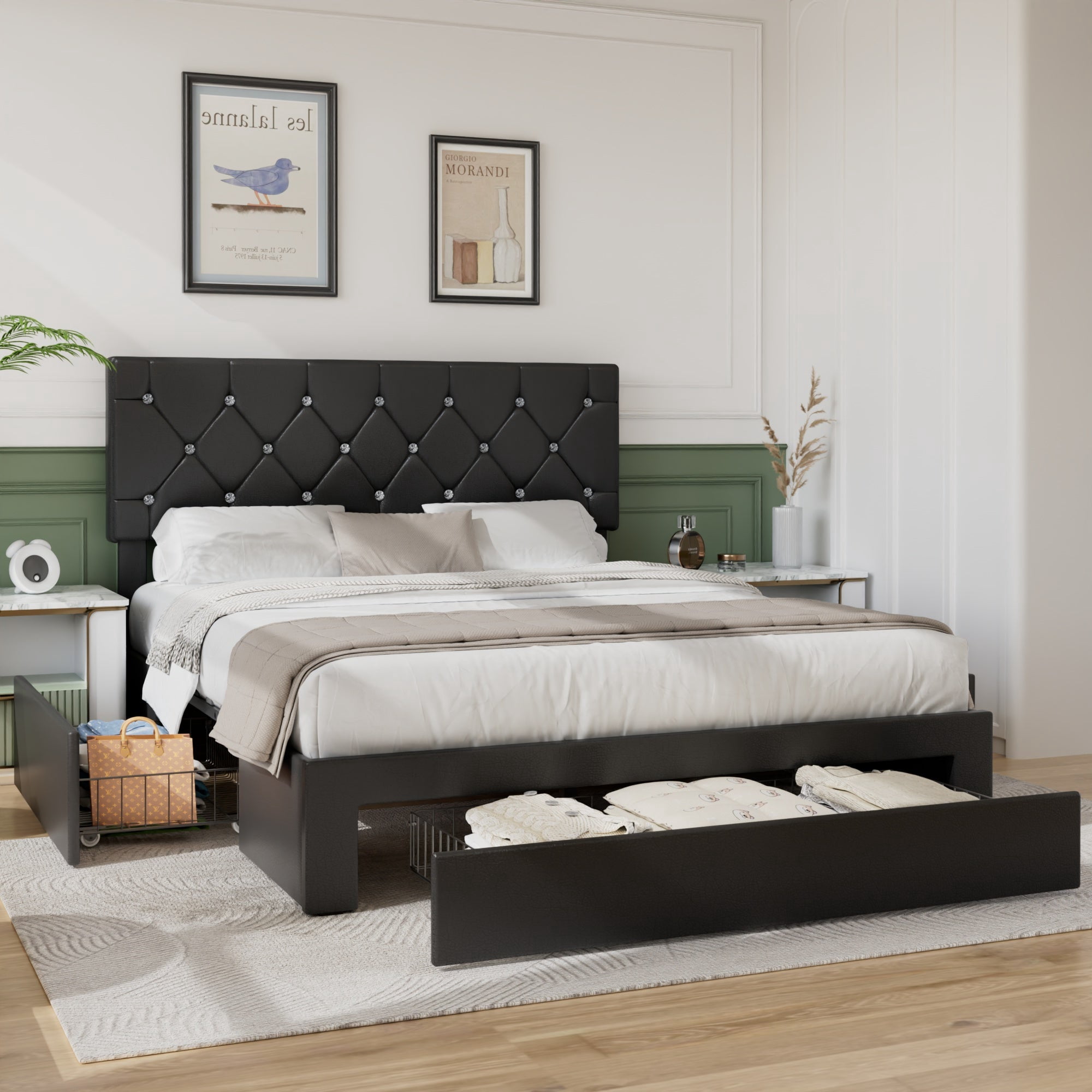 VECELO Queen Size Upholstered Bed Frame with 3 Drawers & Adjustable Headboard, Under Bed Storage, Black