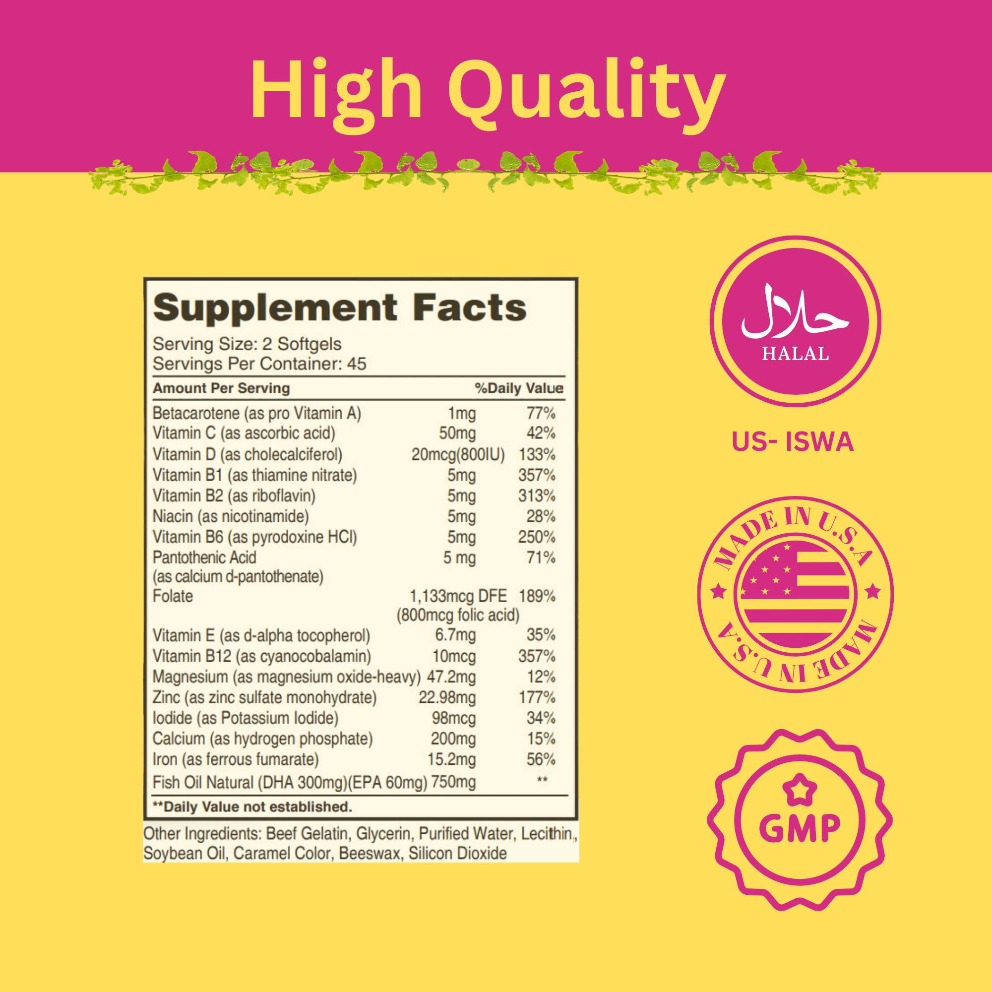 Greenfield Nutritions - Halal Prenatal Multi-vitamins with DHA, Minerals, 800 mcg Folic Acid and 15 mg Iron, Easy to Swallow, Softgel