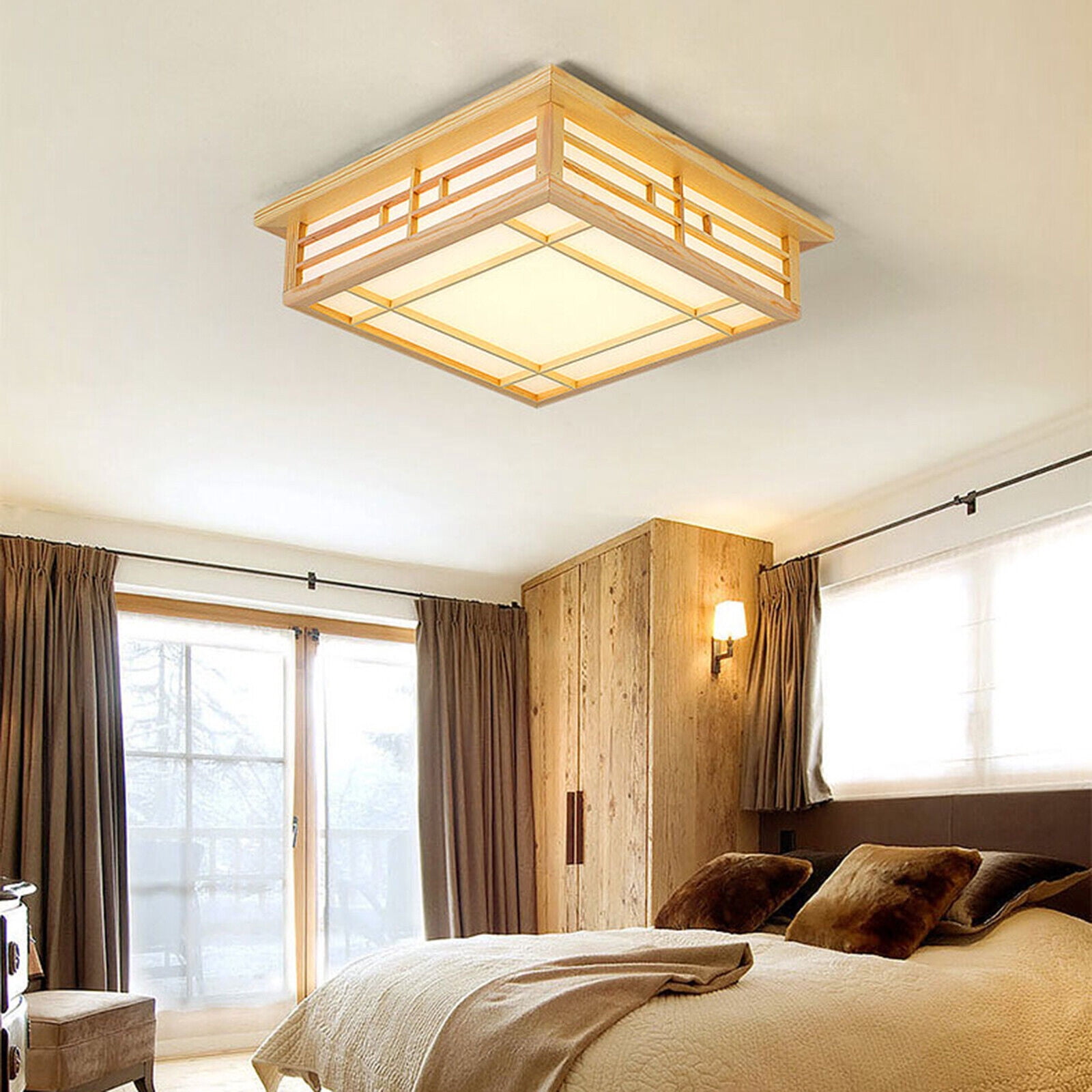 LED Wood Square Tatami Ceiling Light Fixture Chinese Japanese Grid Lamp w/Remote Modern Indoor Wood LED Ceiling Light Square Flush Mount Fixture &Remote Control Indoor Square Tatami Ceiling Light