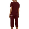 thumbnail image 4 of ameIAEA Capri Sets Women 2 Piece Outfits Vacation Color Block Short Sleeve Shirt Tops Cropped Pants Pajamas Set, 4 of 5