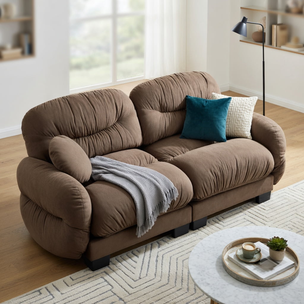 Hommoo 2-Seater Modular Chenille Sofa, Pleated Back Design, Ergonomic High-Density Foam, Curved Armrests & 2 Throw Pillows, Brown