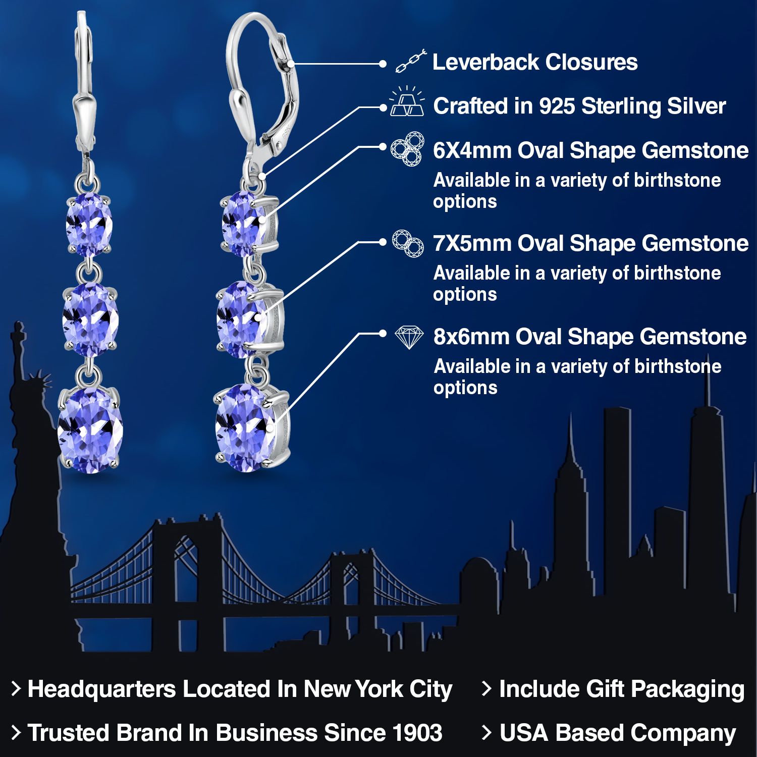 Gem Stone King 925 Sterling Silver Blue Tanzanite 3 Stone Dangle Earrings for Women (4.72 Cttw, Gemstone December Birthstone, Oval 8X6MM, 7X5MM and 6X4MM)