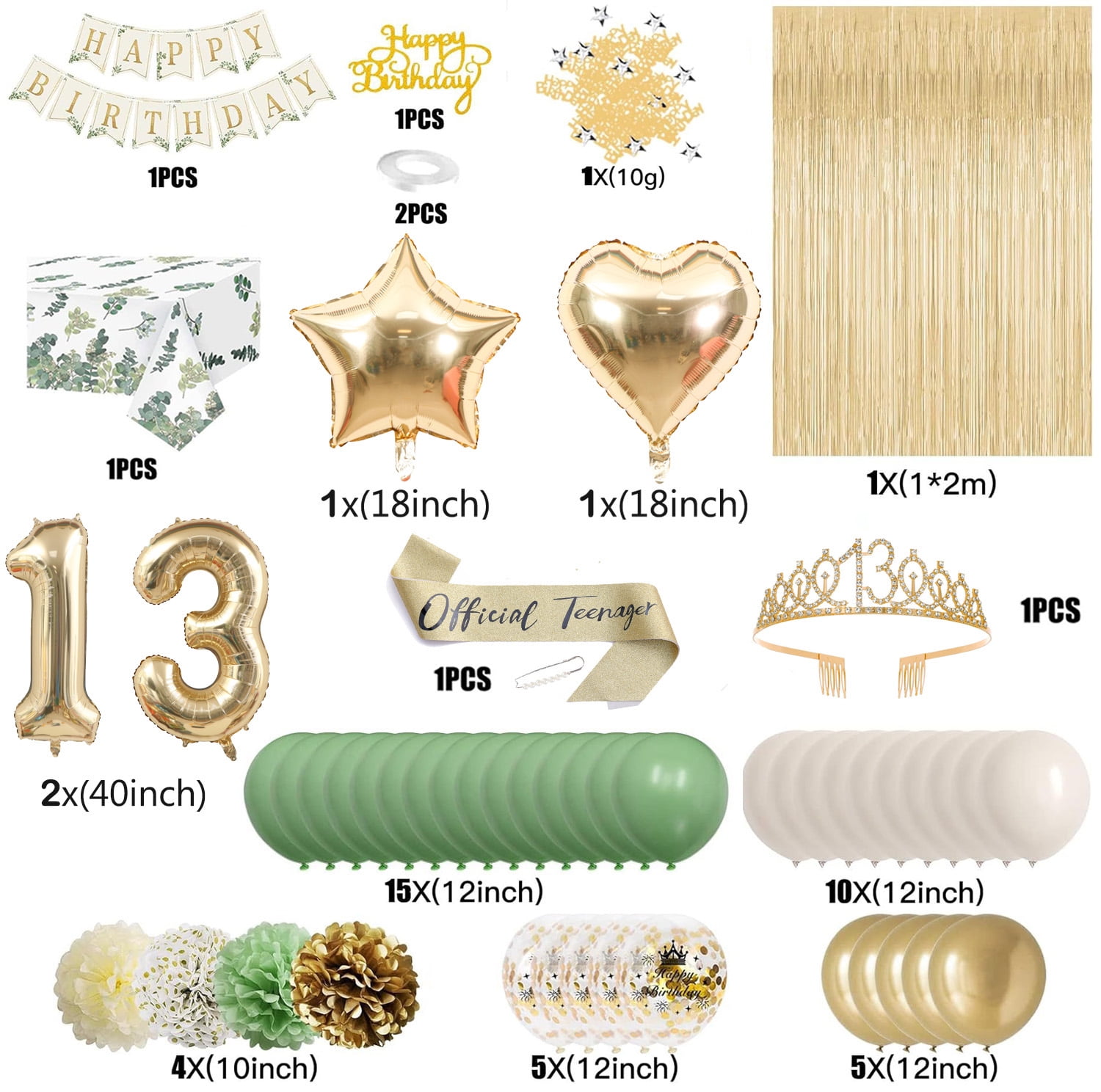 Xugoox 52 Pcs 13th Birthday Decorations for Girls, Sage Green Birthday Decorations Kit with Happy Birthday Banner Sash Crown Tablecloth Fringe Curtain Green Balloons for 13 Year Old Party Decor