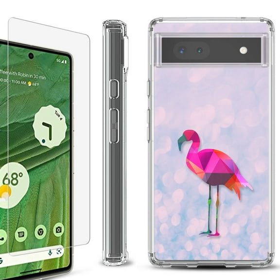 Shockproof Bumper Phone Case for Google Pixel 6a, with Tempered Glass Screen Protector, by OneToughShield ® - Flamingo / Polygon
