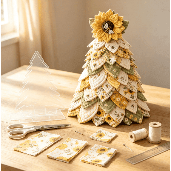 DIY Quilted Fabric Tree Craft Kit, Sunflower Bee Fabric Patchwork Design, Tabletop Decor for Mantel Shelf and Entryway