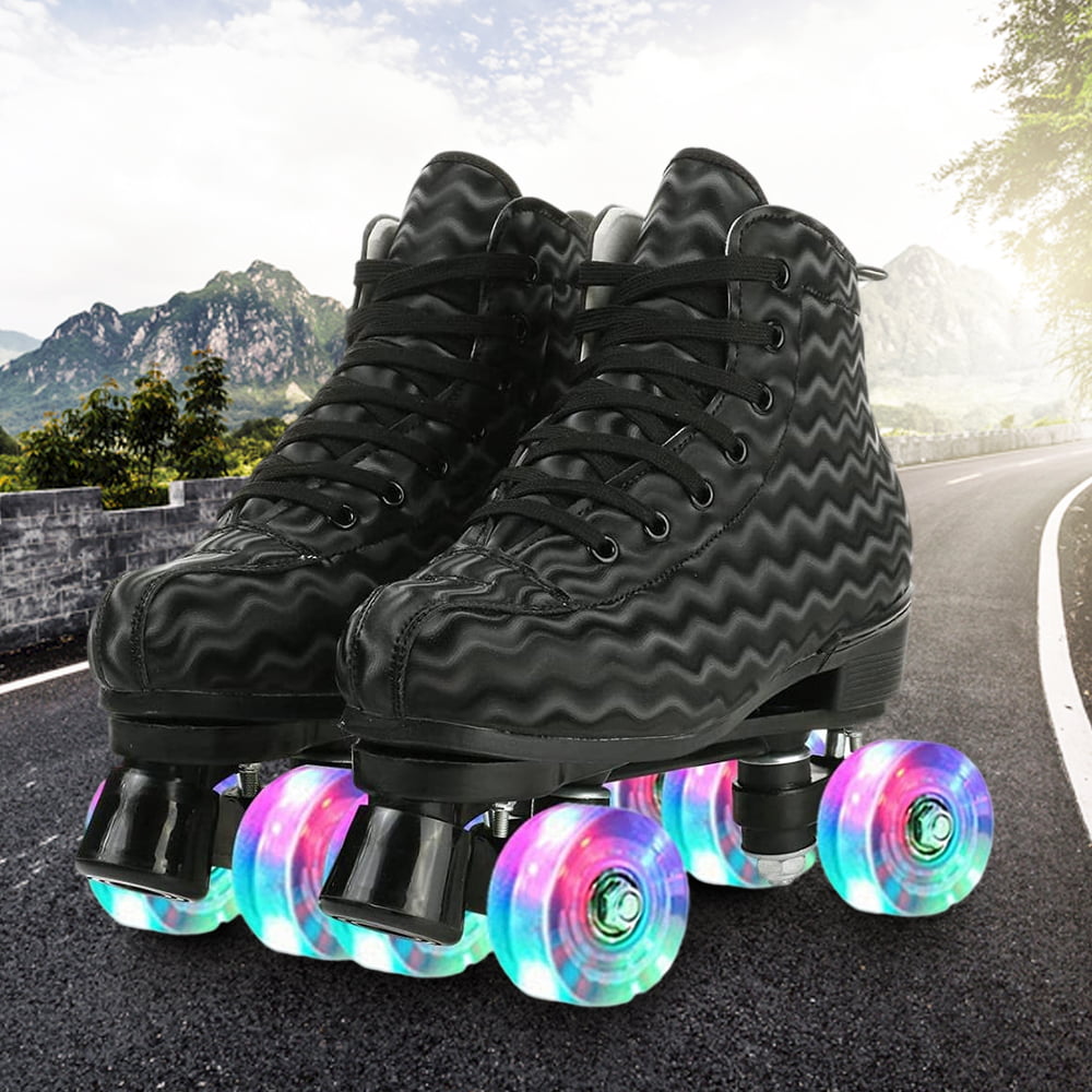 Roller Skate Shoes for Adult Classic High-top Double-Row Four-Wheel Roller Boots with PU Flashing Wheels Shiny PU Leather Roller Skates for Women Men 