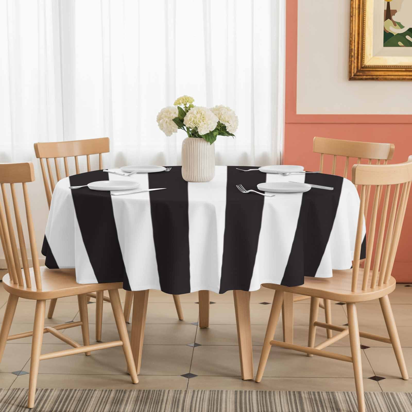 Round Tablecloth Striped Pattern Waterproof Oil Proof Polyester Table Cloth Cover Decor for Home Dining Outdoor,Patio,Parties, 54" Dia. Black and White