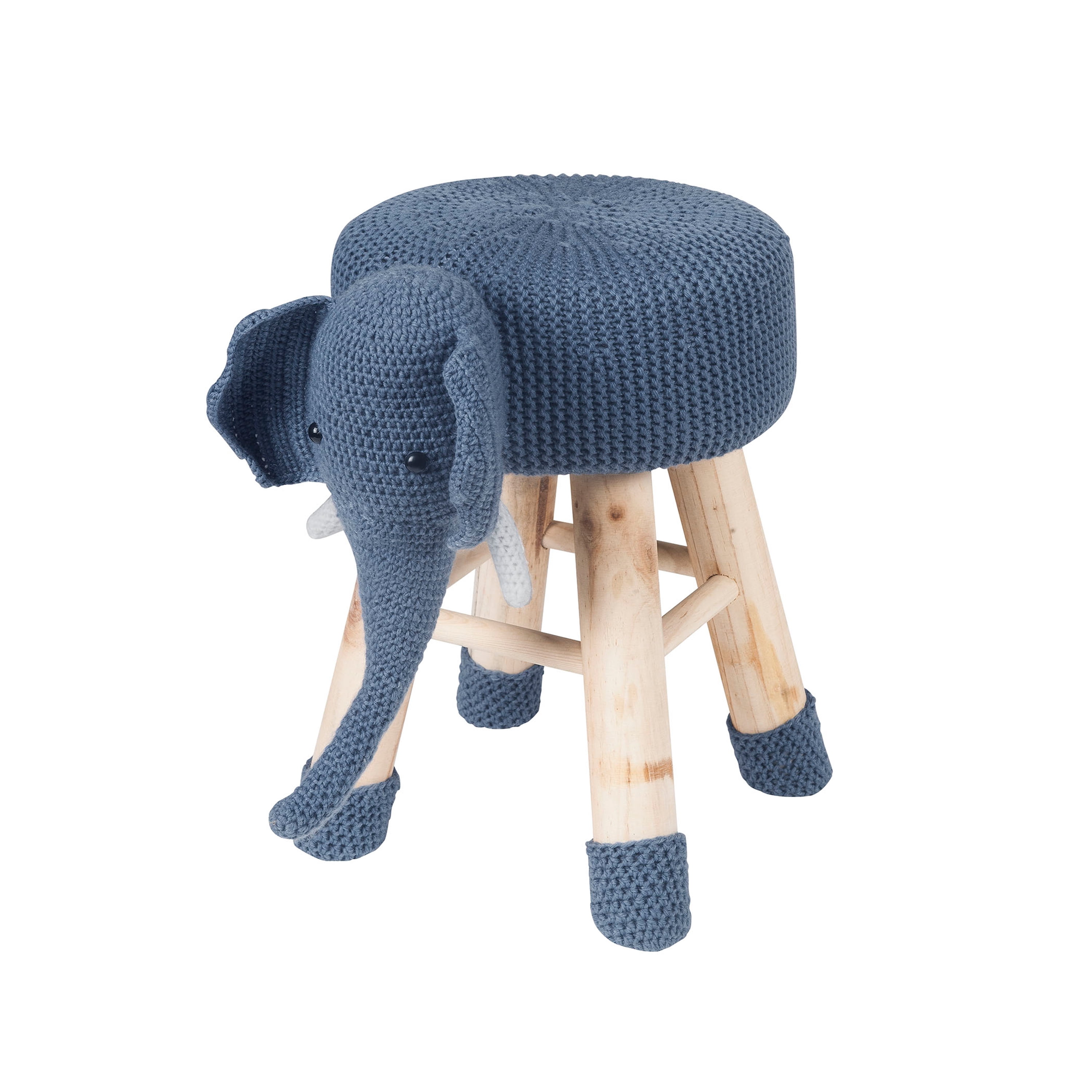 AC Pacific Children's Woven Elephant Ottoman Stool with Wooden Legs, Blue