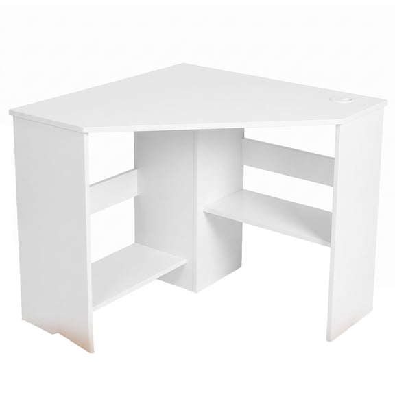 Triangular Corner Desk, Compact Writing Table with 2 Storage Shelves, Multi-Purpose Computer Desk for Small Spaces, Office Bedroom Living Room, White