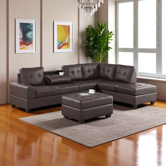 Cosmic Homes Marcel Leather Upholstered Sectional Sofa, Reversible Chaise & Storage Ottoman – Dark Brown, Living Room Set