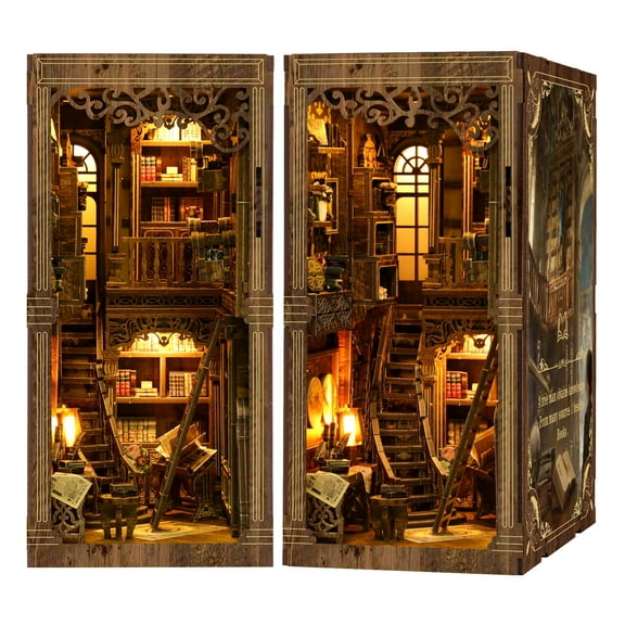 Book Nook Kit Library Theme, DIY 3D Wooden Miniature House Bookshelf Insert Decor with LED Light, Booknook Kit Puzzle for Adults & Teens, Unique Gift for Book & Craft Lovers