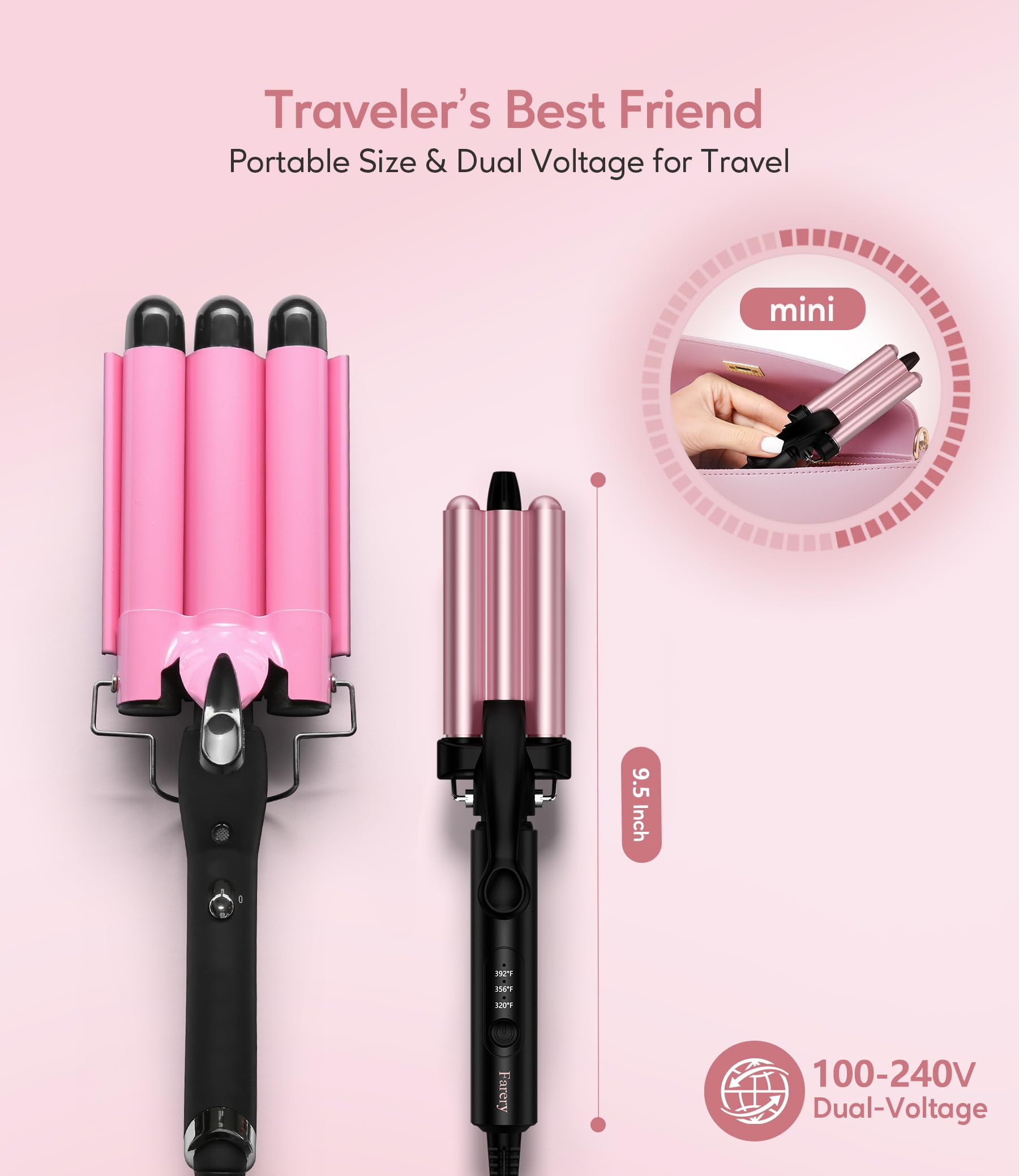 FARERY Mini Hair Crimper with Temperature Adjustable, Crimping Iron for Short Hair Waves, Rosepink