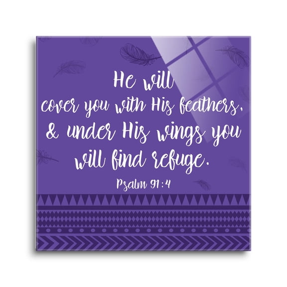 His Wings Refuge Purple Feathers 24 x 24 Glass Wall Hanging Sign