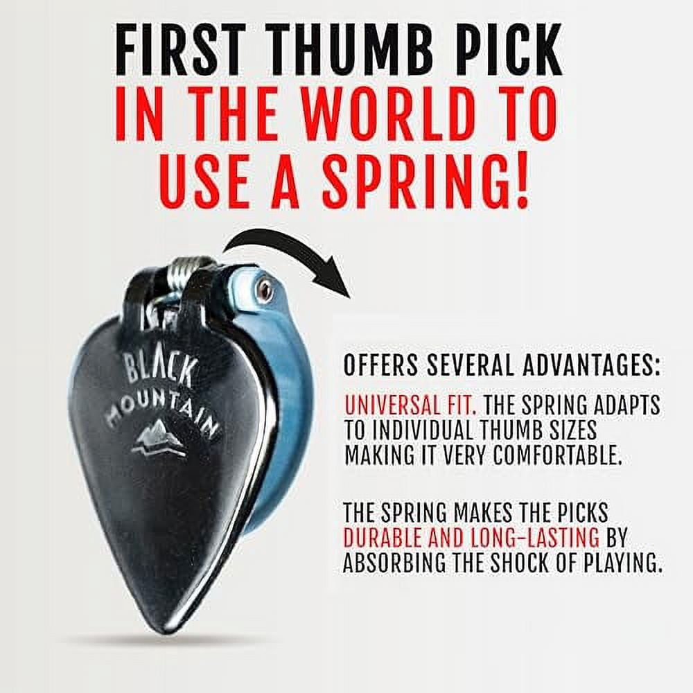 Black Mountain Variety Pack of Spring Loaded Thumb Picks for Acoustic Guitar, Electric Guitar, Ukulele, Banjo, Dobro, Mountain Dulcimer, Mandolin, and More. Universal Fit for Medium to XL Thumbs