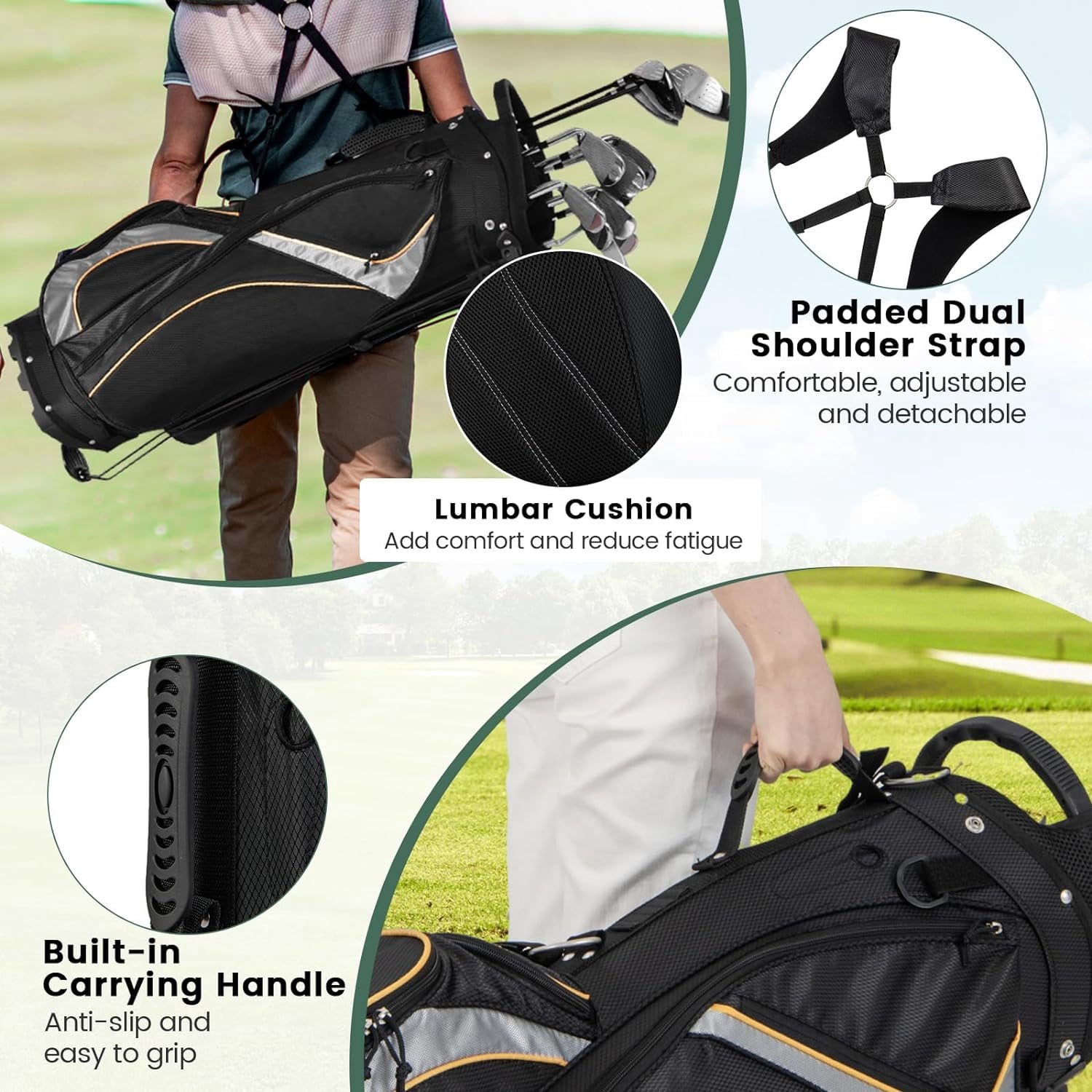 NIUMU Golf Stand Bag with 8 Way Top Dividers, Lightweight Golf Bag with Detachable Dual Strap & 7 Pockets, Rain Hood, Portable Golf Bag for Men & Women, Black