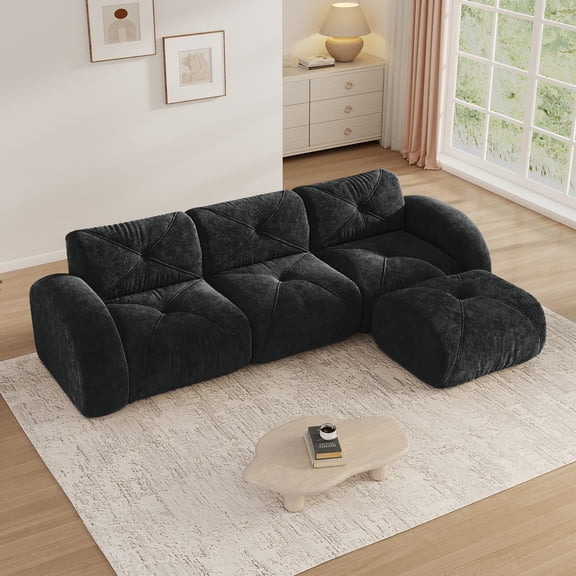 Aukfa Velvet Tufted Modular Sectional Sofa, 116" L-Shaped Boneless Couch with Ottoman for Living Room, Black
