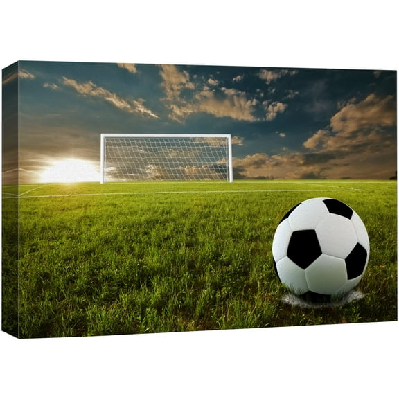 wall26 Canvas Print Wall Art Black & White Soccer Ball on Field at Sunset Sports Athletes Photography Modern Art Contemporary Scenic Urban Multicolor for Living Room, Bedroom, Office - 16"x2