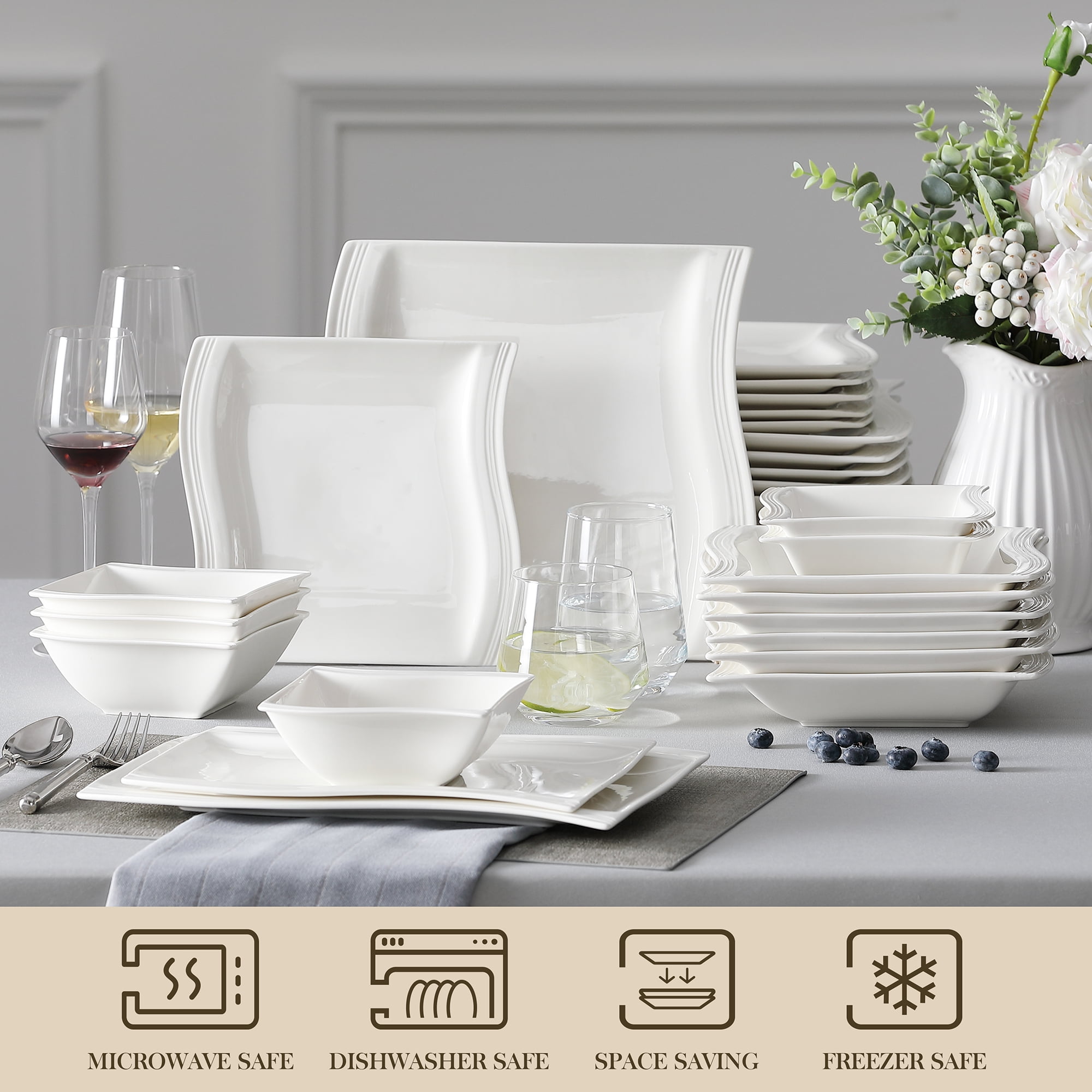 MALACASA Flora 30-Piece Casual Ivory White Porcelain Dinnerware