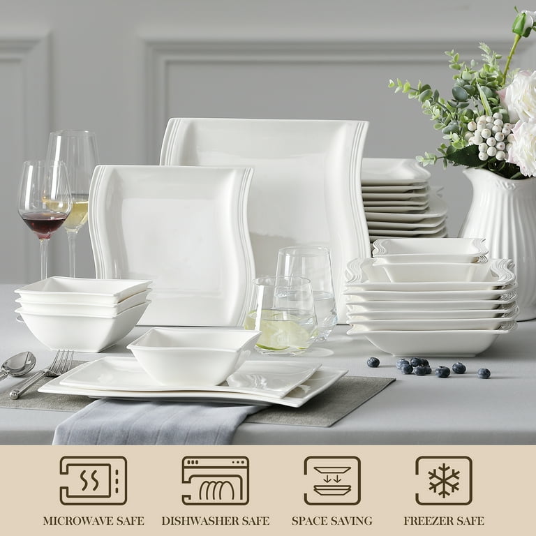 MALACASA Plates Set, Porcelain Dinnerware Sets for 6, 26-Piece Square Dish  Ivory White, Series Flora