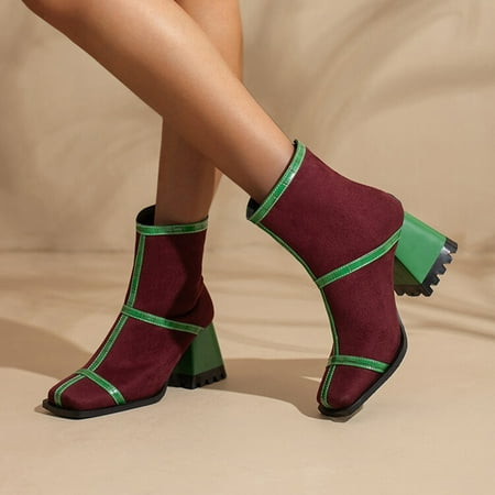 

TALKVE Ladies Fashion Solid Color Flock Back Zipper Square Toe High Heel Booties