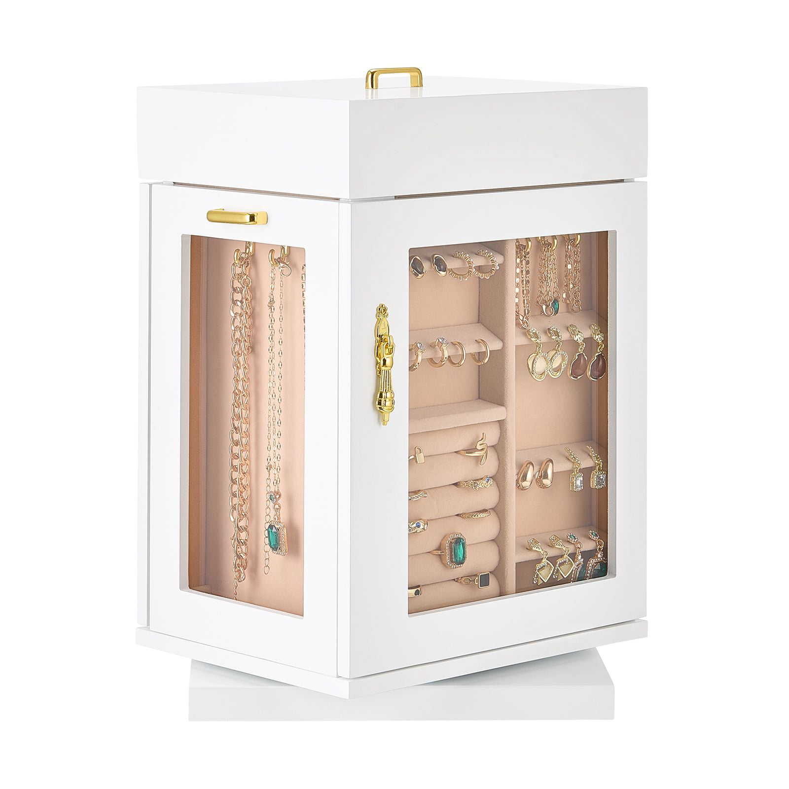 Jewelry Box Organizer with 360° Rotation, Magnetic Closure, Vertical Drawers, Metal Handle, for Rings Necklaces Earrings