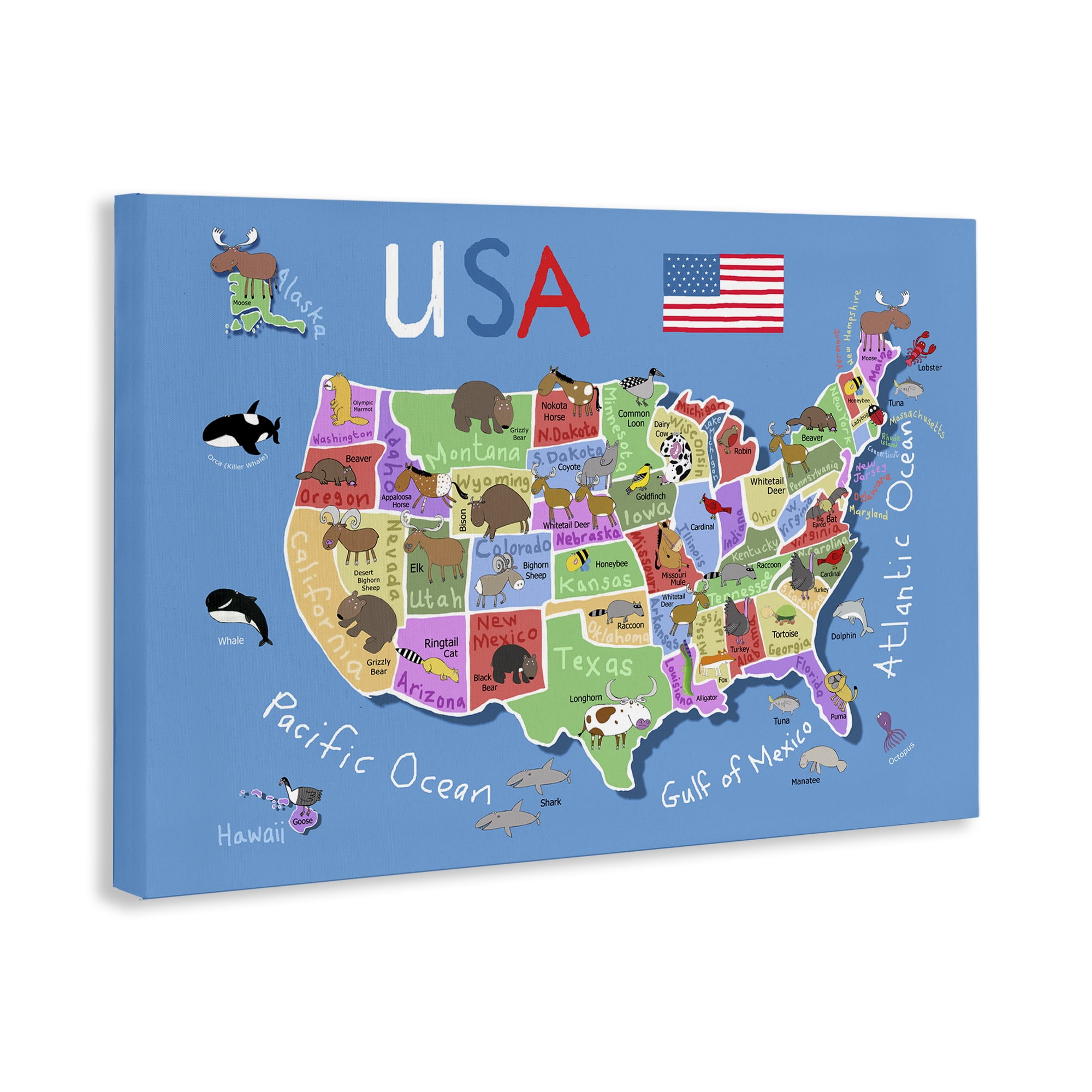 Stupell Industries United States Animal Map Town & City Painting Gallery Wrapped Canvas Art Print Wall Art, 36 x 24