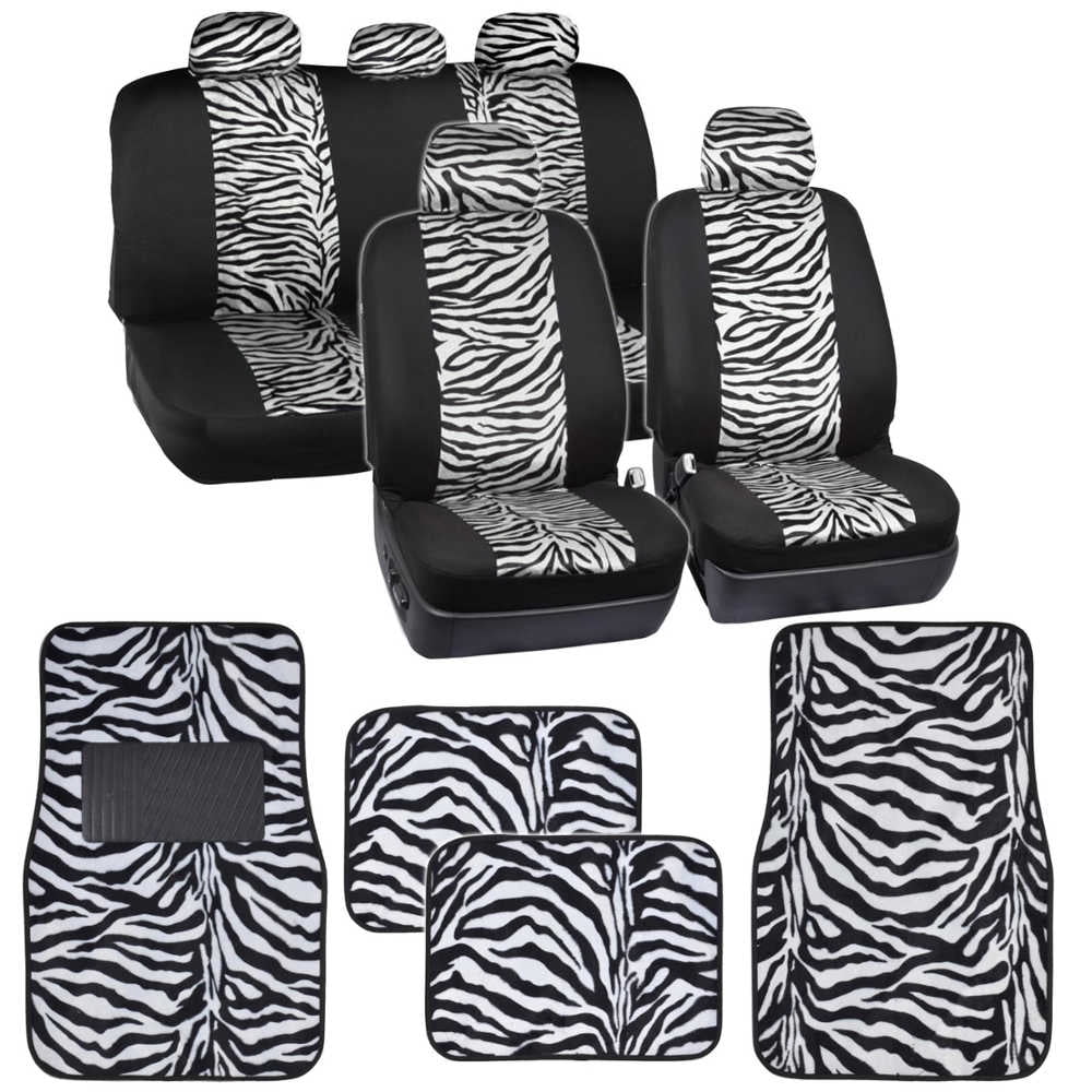 BDK Zebra Car Seat Covers with Floor Mats, Animal Prints 2Tone Split