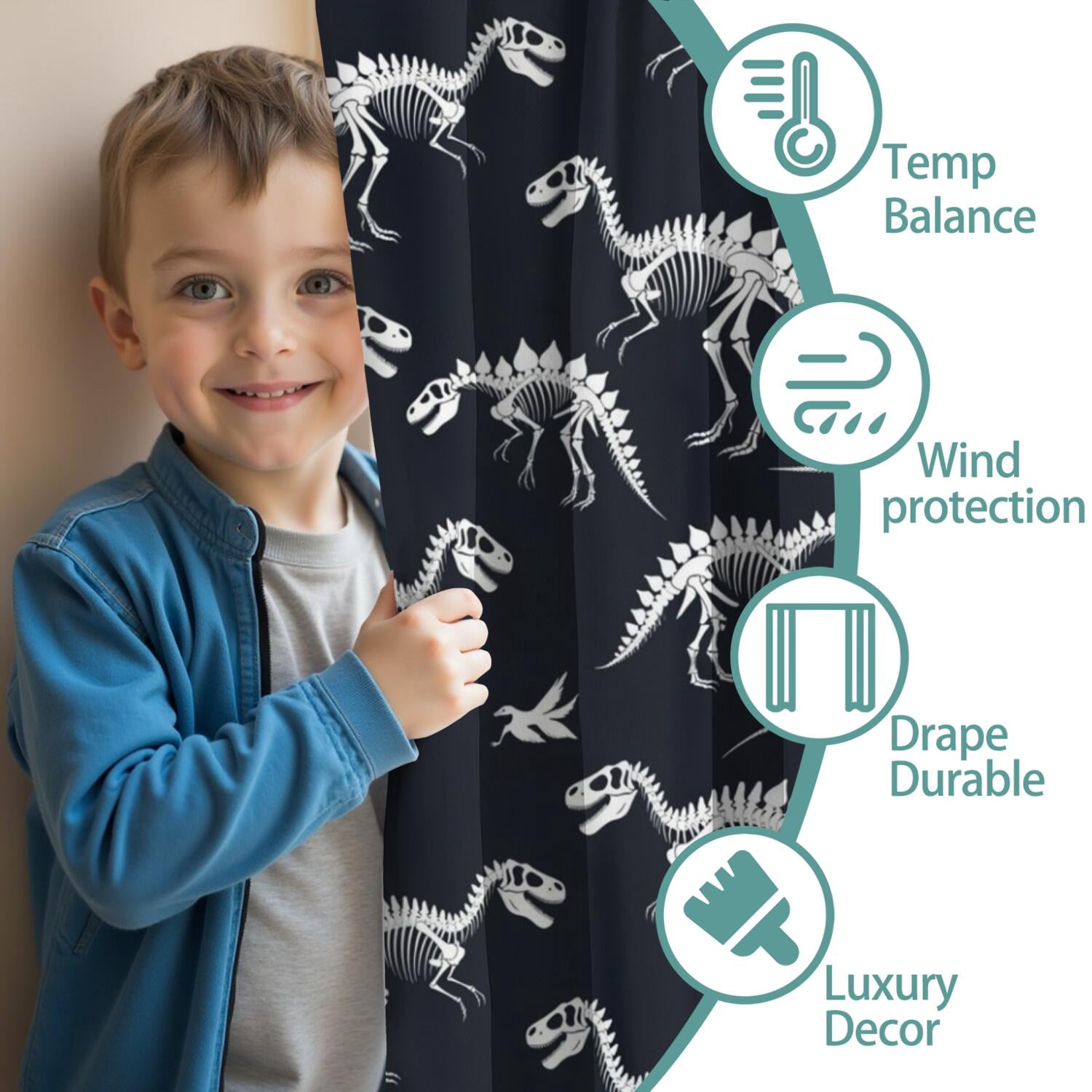 Blackout Kids Curtains,Black Cartoon Dinosaurs Skeletons Pattern Childrens Insulated Curtains Set Of 2,Bedroom Essentials,Toddler Room Decor 52"x63"
