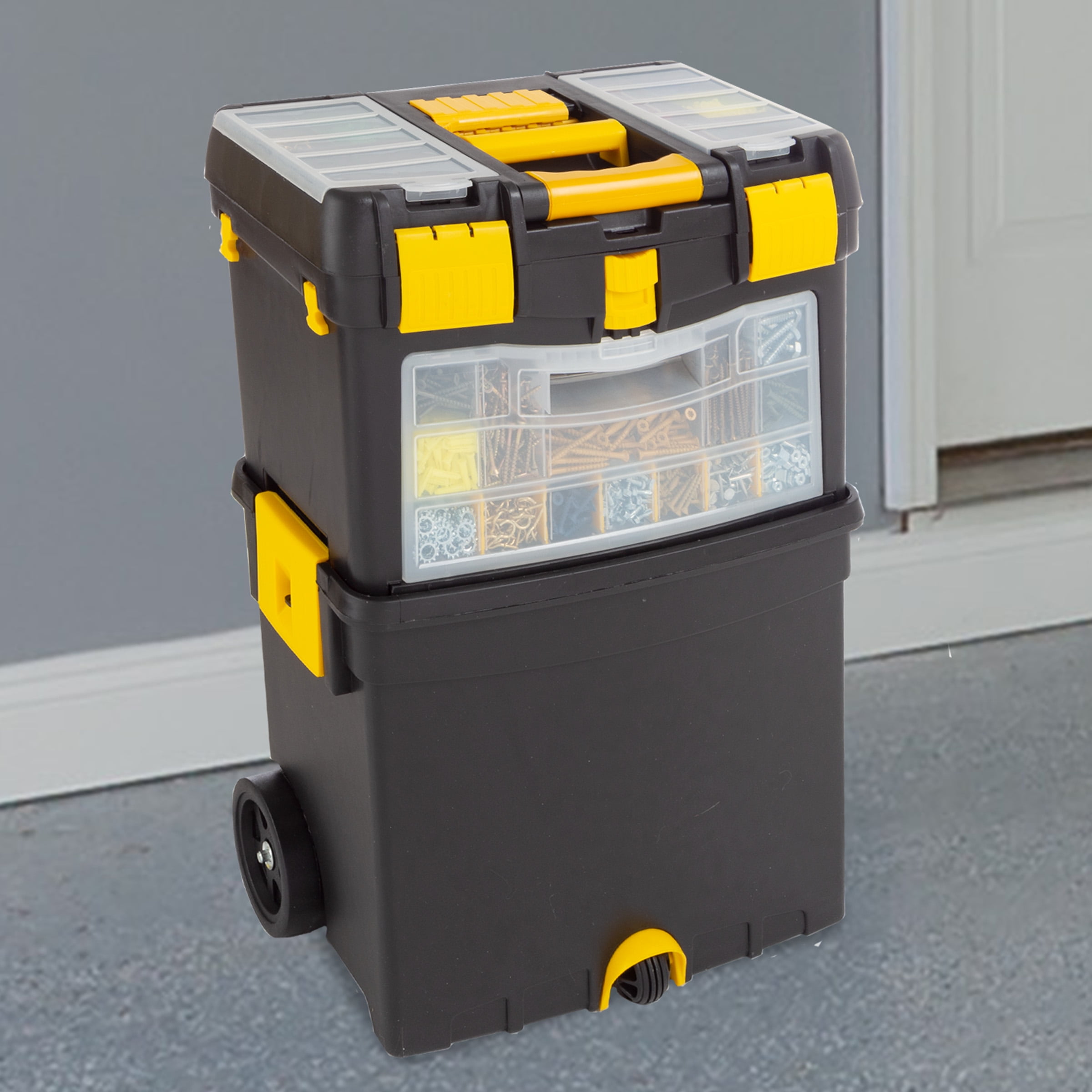 Stalwart Portable Toolbox with Wheels, Comfort Grip, and Drawers (Black)