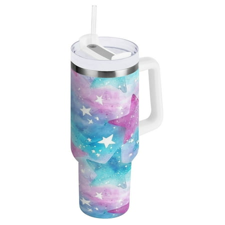 

30oz Travel Mug with Straw Car Bottle Insulated Mug with Handle Reusable Stainless Steel Water Bottle for Car Travel Home Watercolor Stars