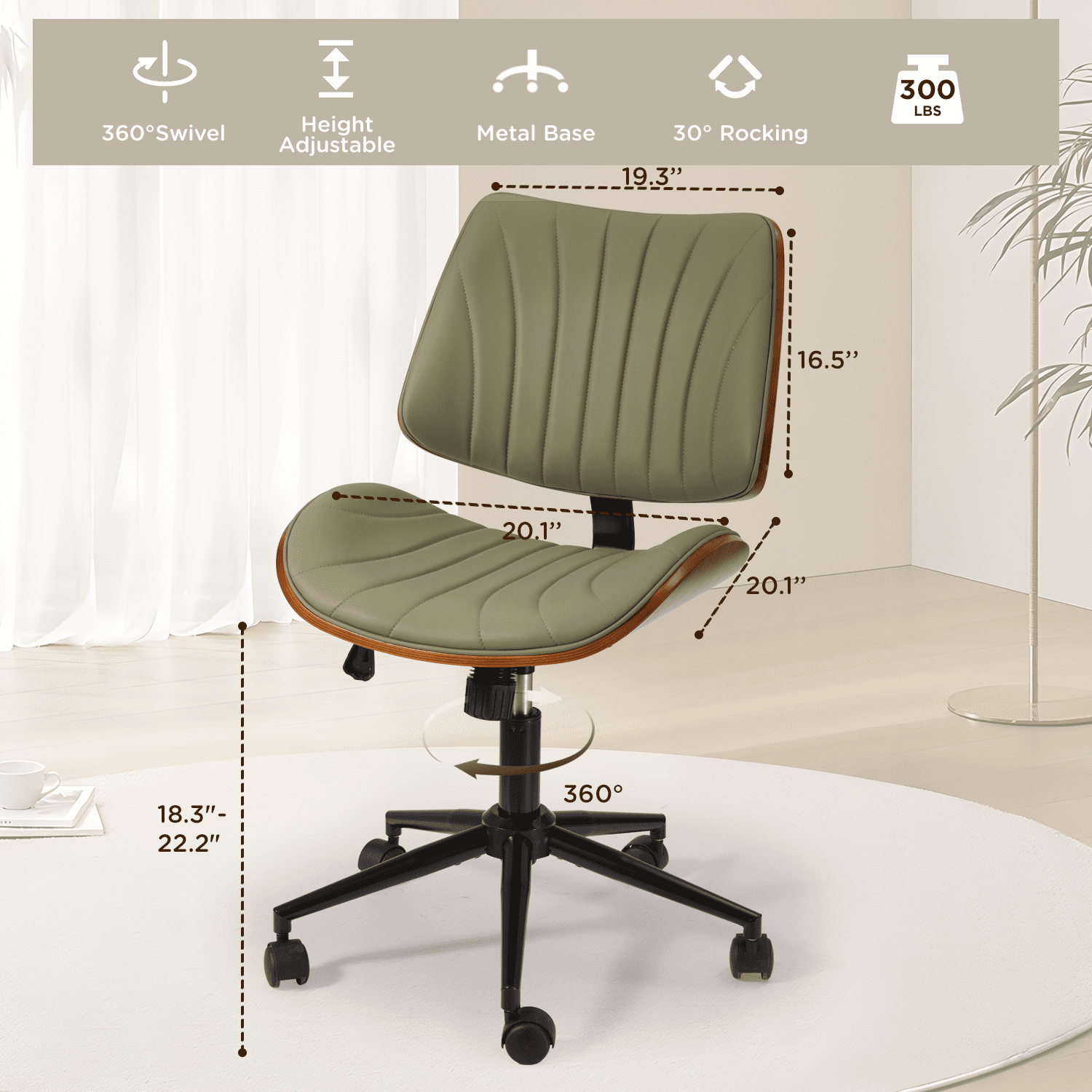 Erinnyees Wooden Office Desk Chair, Modern Armless Chairs, Armless, Adjustable Height, with Swivel Wheels for Small Spaces, Green