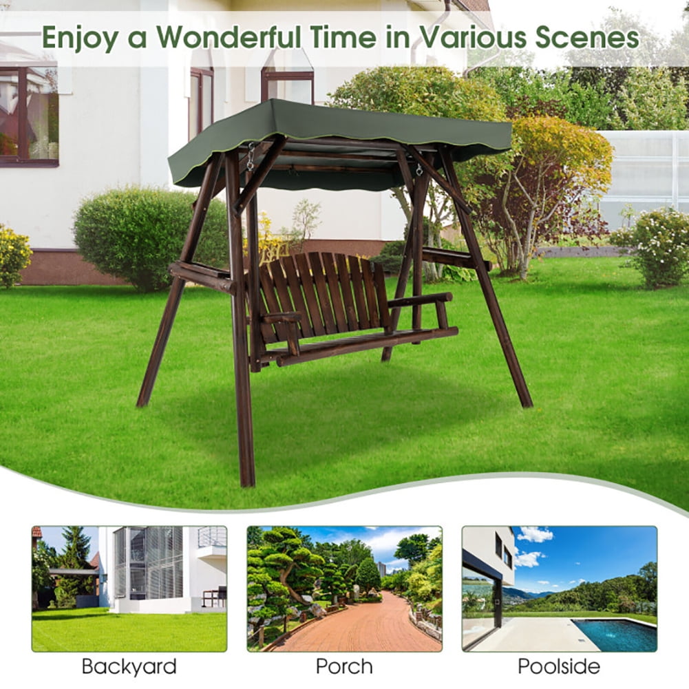 Aimee Lii 2-Person Outdoor Wooden Porch Swing with an Adjustable Canopy, Swing Chair Outdoor