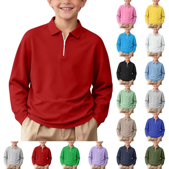 Boys and Girls 1/4 Zip Long Sleeve Polos Shirt Solid Color Pullover for School & Casual Wear (Sizes 3-15)