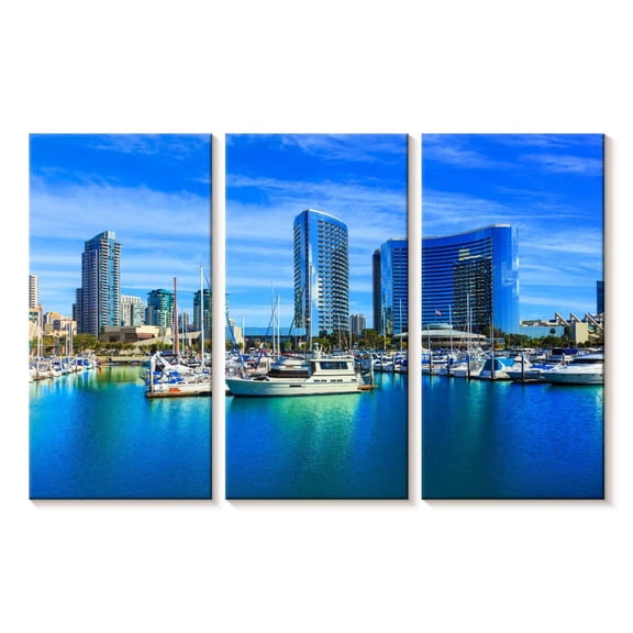 Elephant Stock San Diego Waterfront Wall Art - Horizontal Multi Panel Canvas - Living Room Wall Decor - Places Multi Panel - Blue And Beige Decor - 23" x 14"