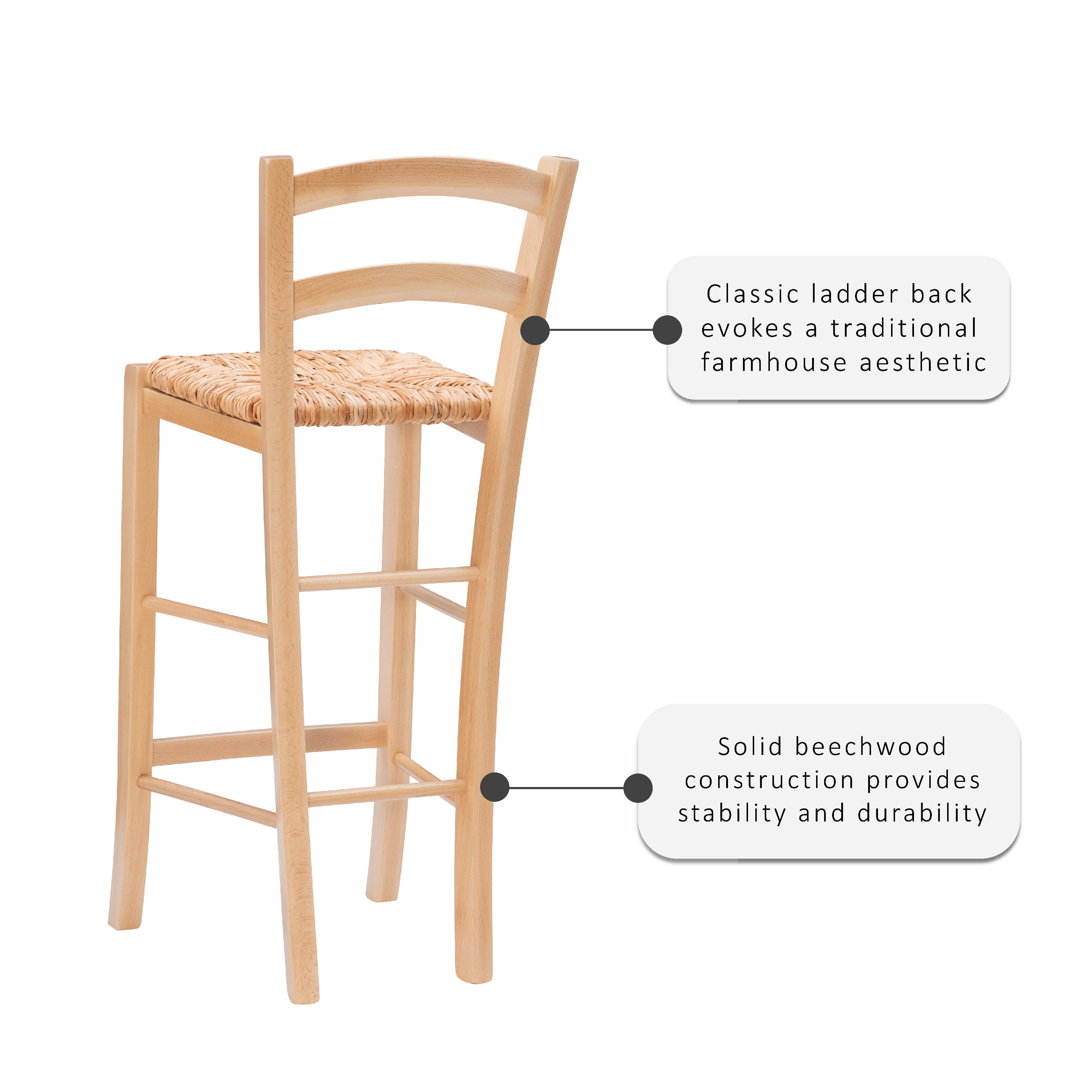 Linon Marica 28" Bar Stools, Natural Finish with Handwoven Rush Seat, Set of 2