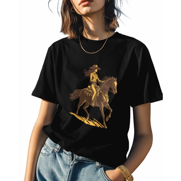 Cowgirl Horse Womens Tshirt Graphic Tees Cotton Crew Neck T-Shirts, Casual Short Sleeve Shirts for Women Teen Girl Western Cowboy Hat