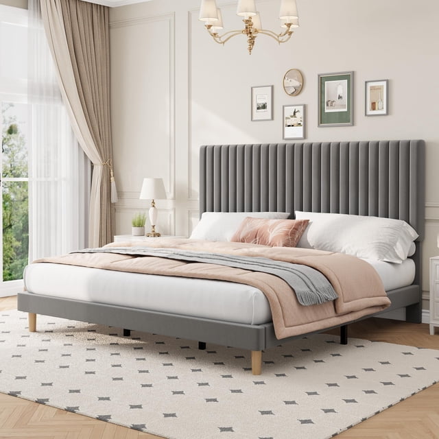 EDTara Velvet Platform Bed With Adjustable Tufted Headboard, Vertical Channel Design and Strong Wooden Slats, Easy Assembly