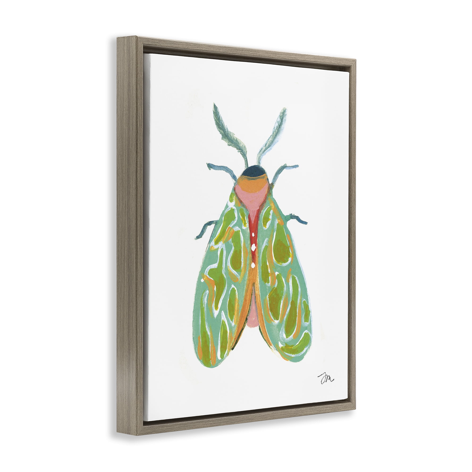 Stupell Industries Green Pattern Moth Insects Painting Brown Floater Framed Canvas Art Print Wall Art, 17 x 21