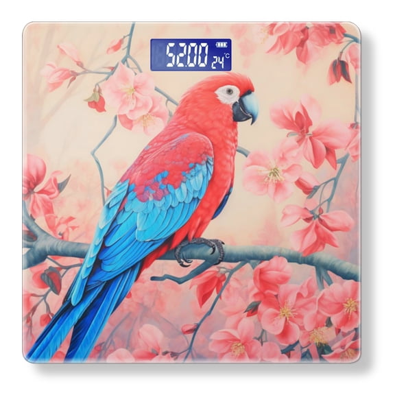 High Precision Body Weight Scale Smart Bathroom Scales with Large LCD Display(400lbs),Decorative for Bedroom-Red Parrot Sitting On The Branch Of Blooming Tree