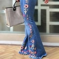 thumbnail image 2 of Women Vintage Dark Blue Floral Embroidery Jeans, Mid High Waist Extended Floor-Length Flared Pants All Seasons, 2 of 8