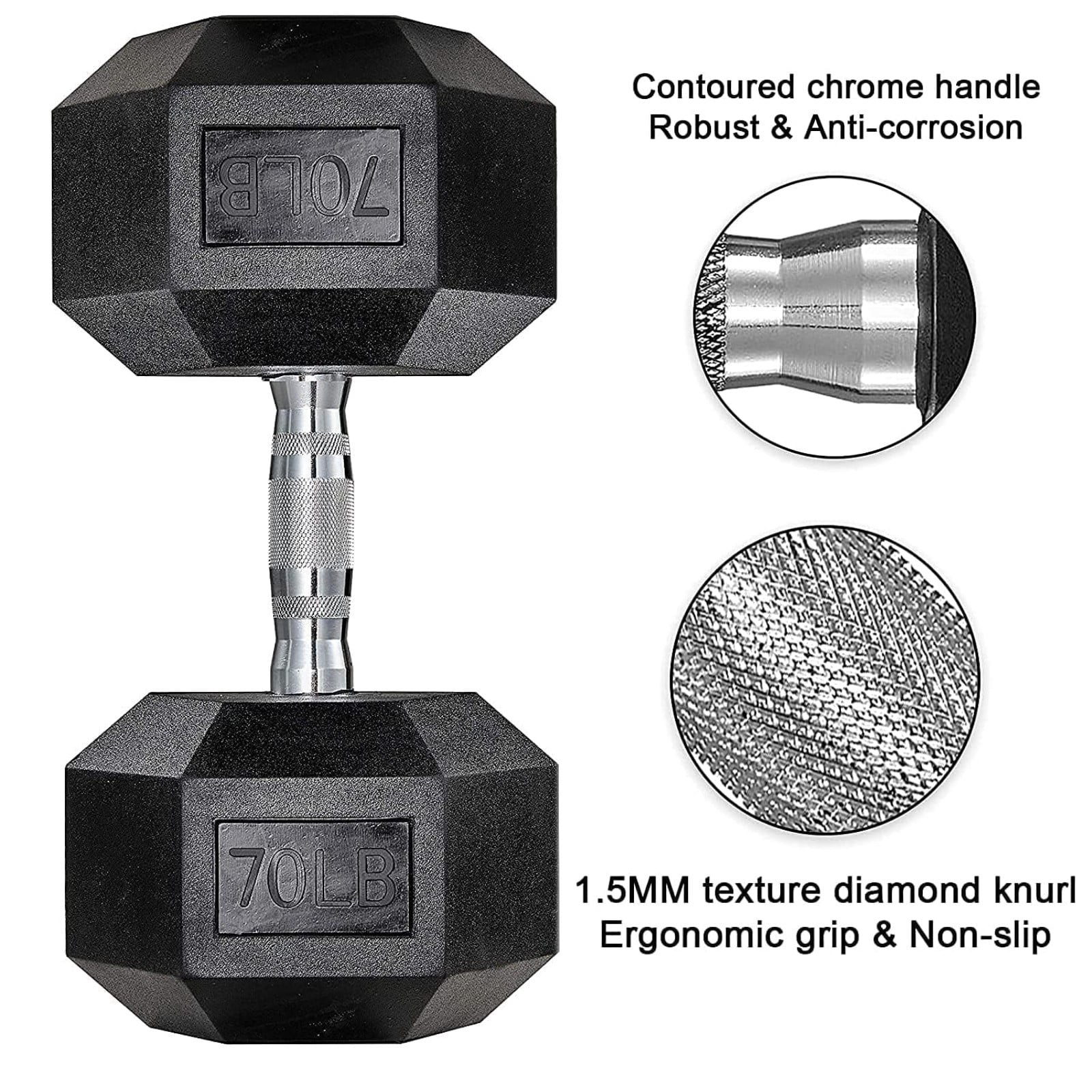 Pirecart Dumbbells Rubber Coated Cast Iron Hex Black Dumbbell Free Weights Dumbbell, 70lb Dumbbell Single