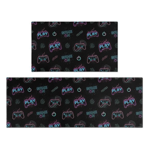 Game Controller Black Pattern Anti Fatigue Kitchen Rugs Set Of 2, Non Slip Washable Decorative Floor Mats for Kitchen Sink Laundry, 17"x30" and 17"x47"