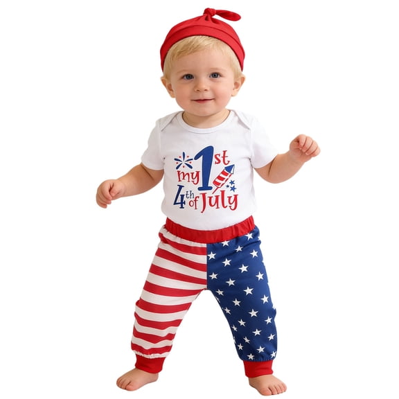 Tiijoy Independence Day Outfits for Baby Boys Short Sleeve Romper Pants Hat 3Pcs Set, Sizes 6-12 Months